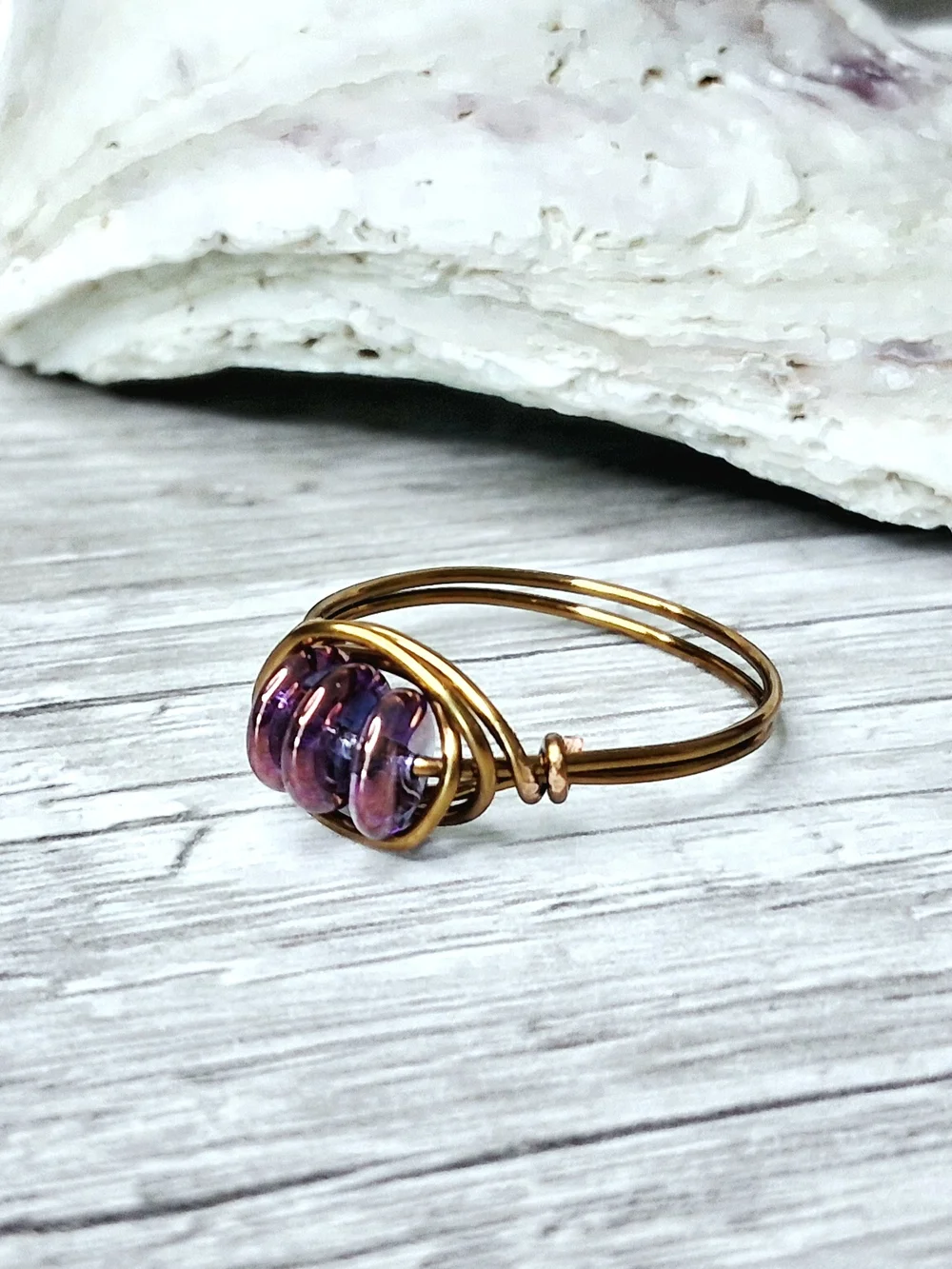Bronze Wire Ring with Purple Czech Glass Beads
